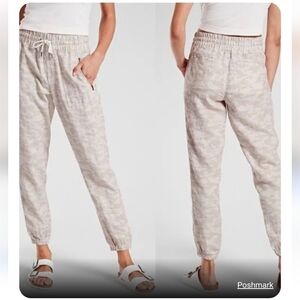 Athle Cabo Tide Neutral Camo 100% Linen Jogger Sz 8 Drawstring Waist Zip Pockets